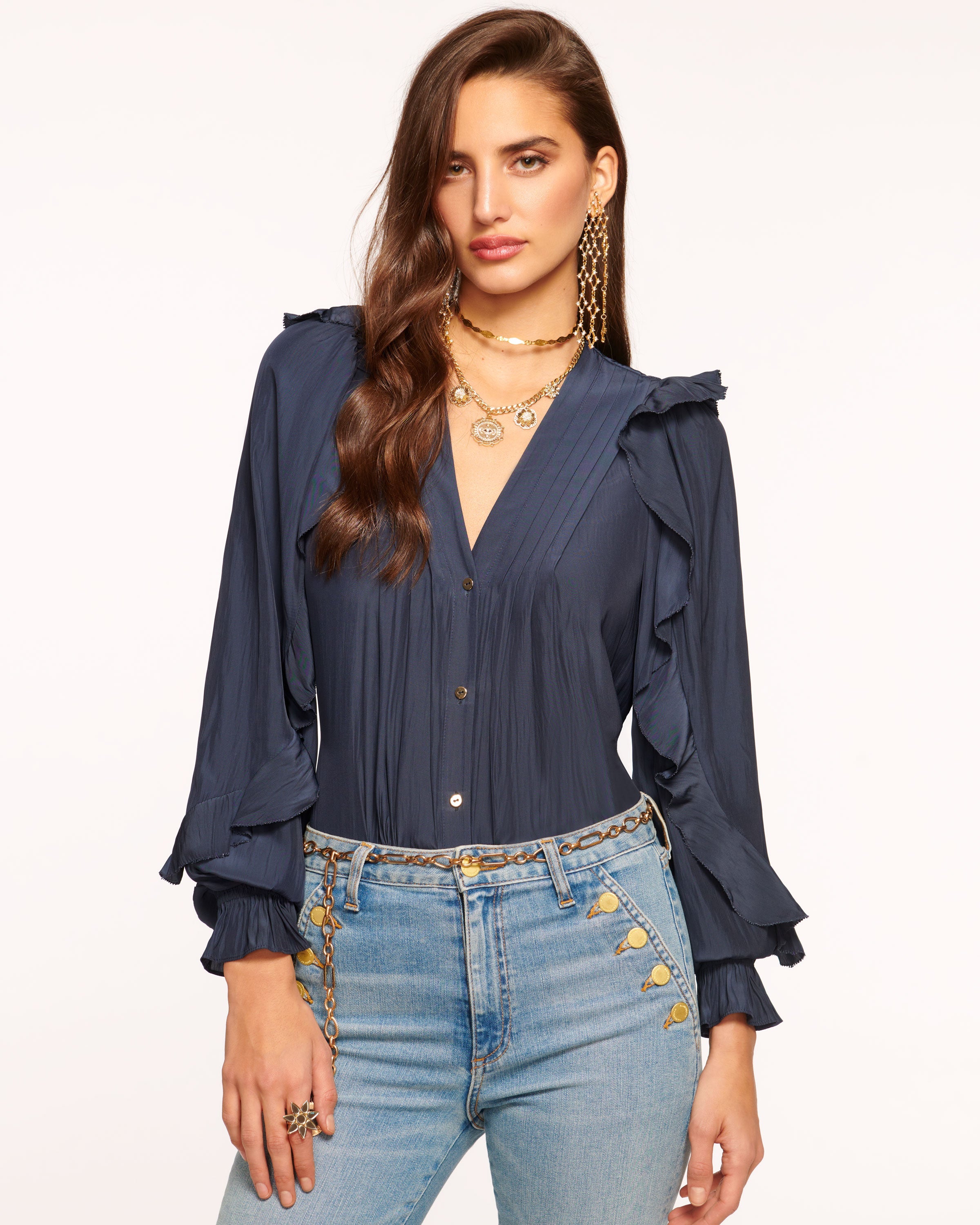 Ramy Brook Aaron V-Neck buy Sheer Blouson-Sleeve Top, Navy Sweater, Women’s XXS $345