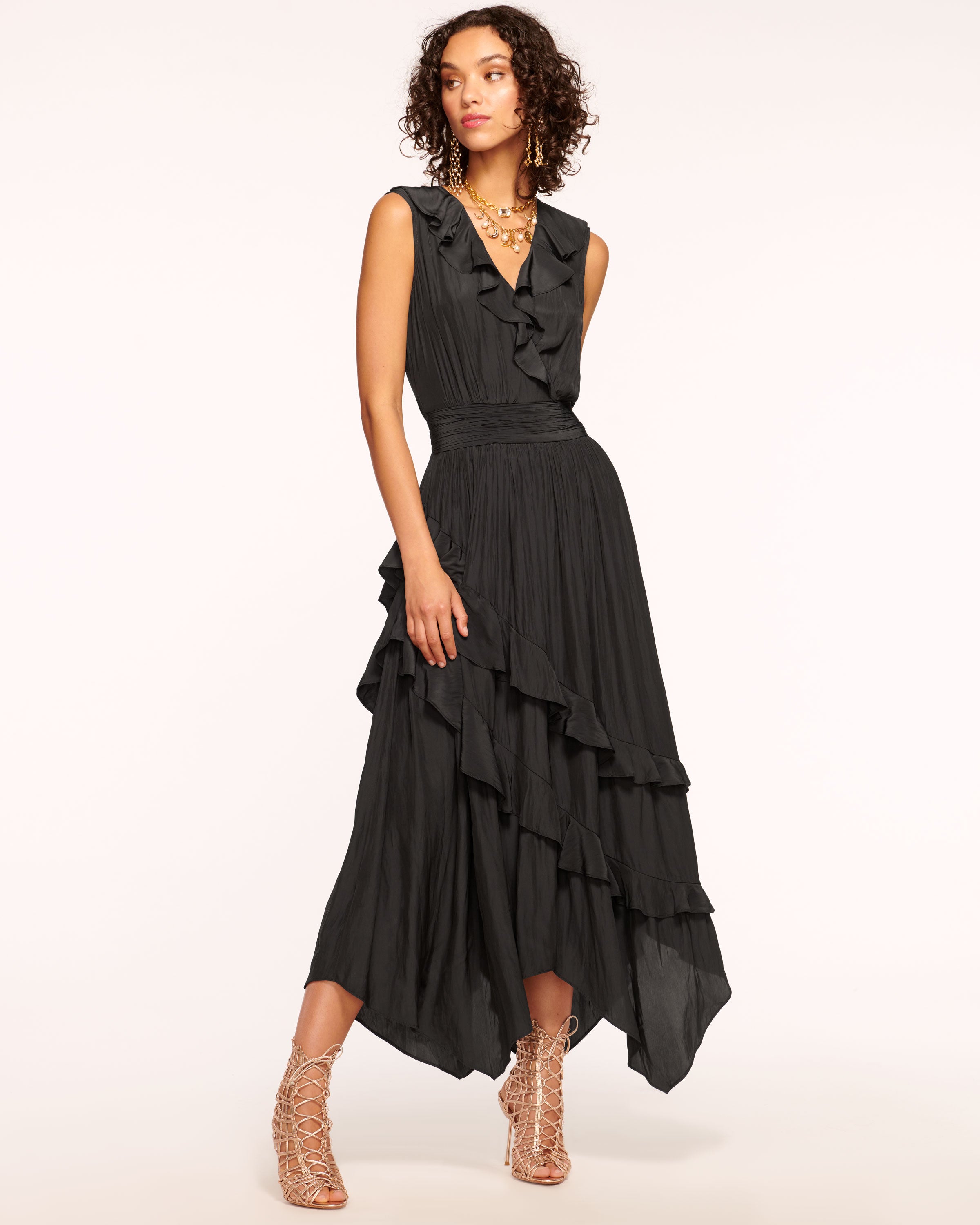 Hadlee Ruffled Midi Dress in black | Ramy Brook