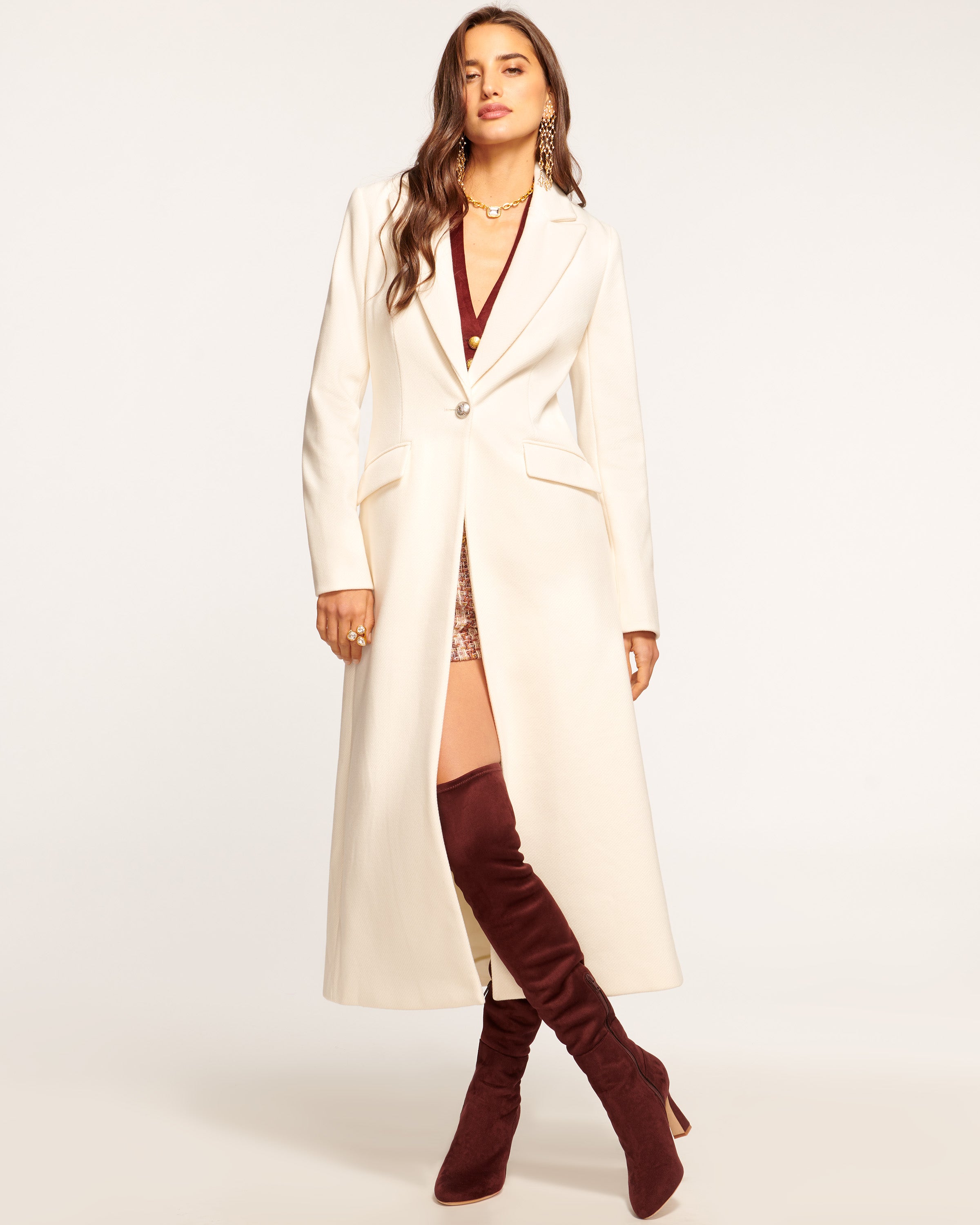 Cream knee hot sale length coat