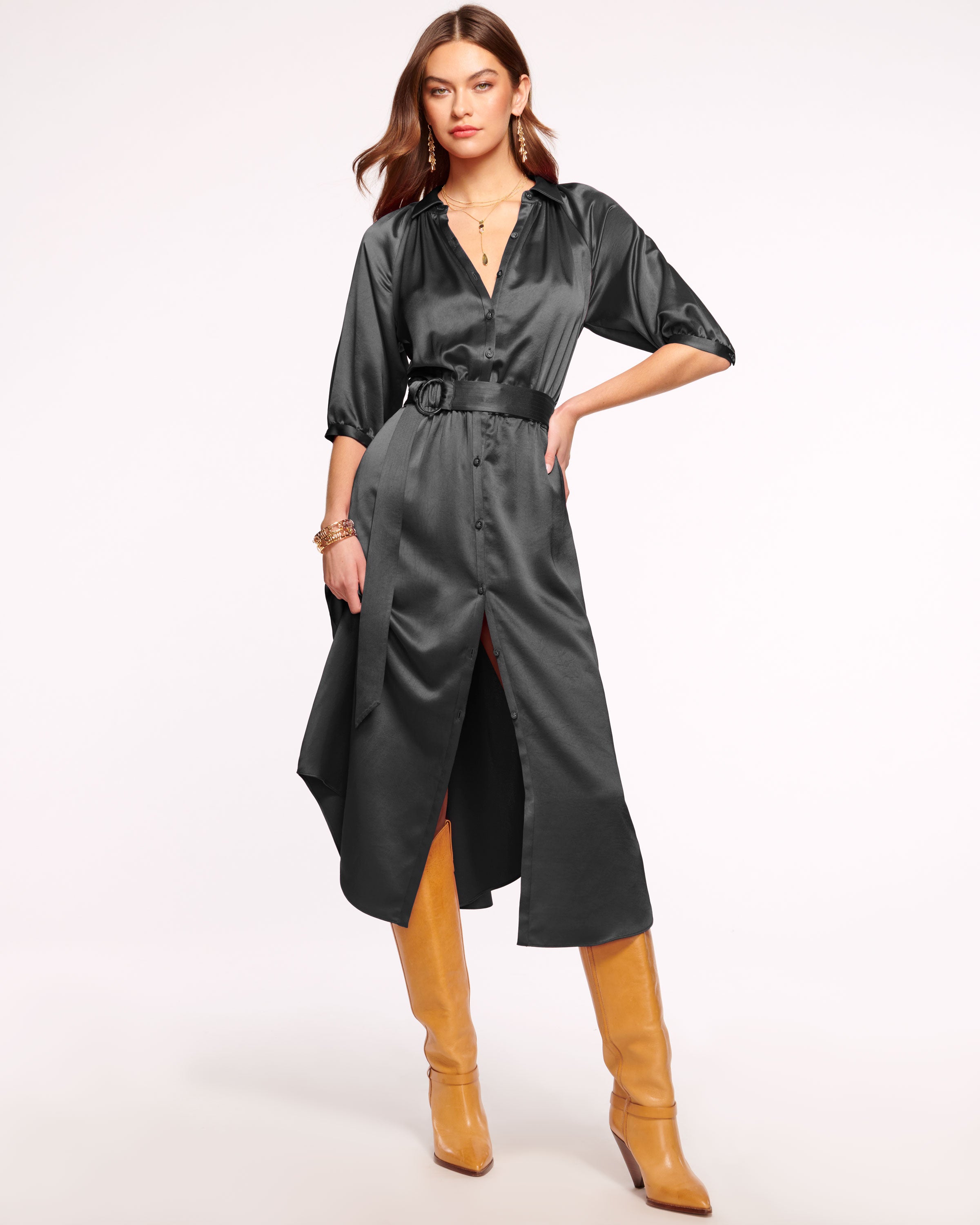 Janiyah Belted Shirt Dress in black | Ramy Brook