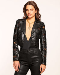 Ocean Embellished Faux Leather Jacket in black flower | Ramy Brook