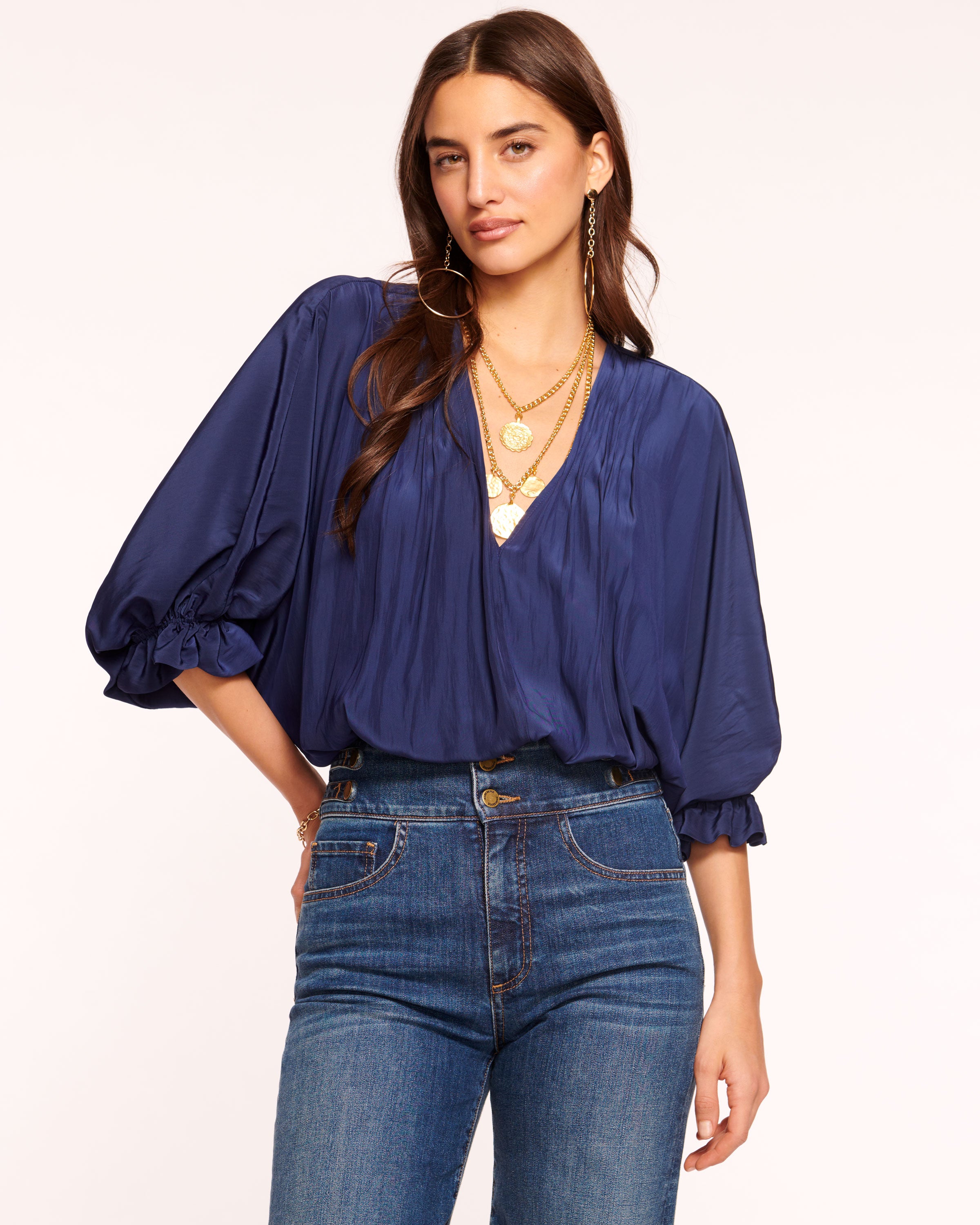 Ramy Brook Aaron V-Neck order Sheer Blouson-Sleeve Top, Navy Sweater, Women’s XXS $345