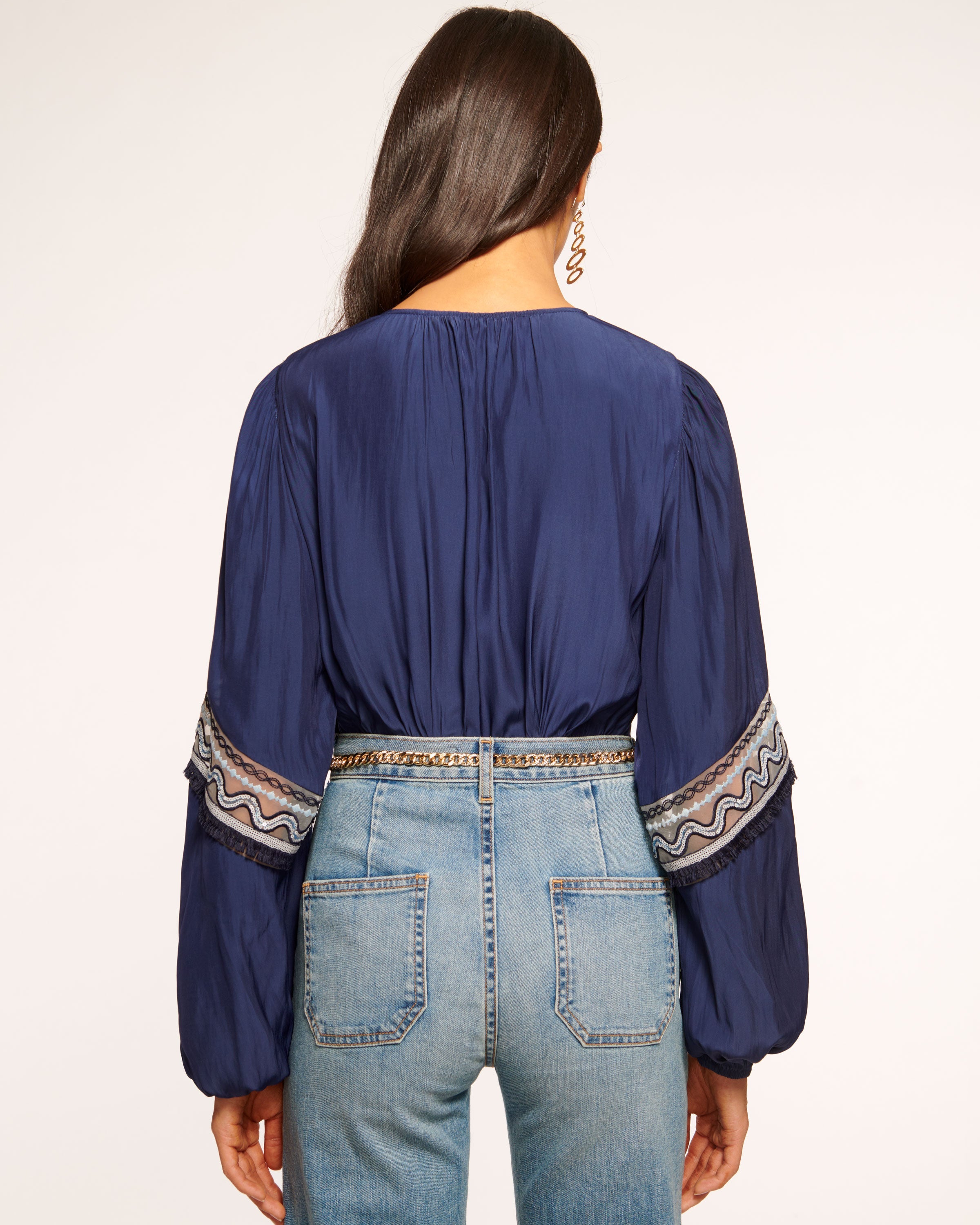 Ramy Brook Aaron V-Neck Sheer Blouson-Sleeve Top, Navy shops Sweater, Women’s XXS $345