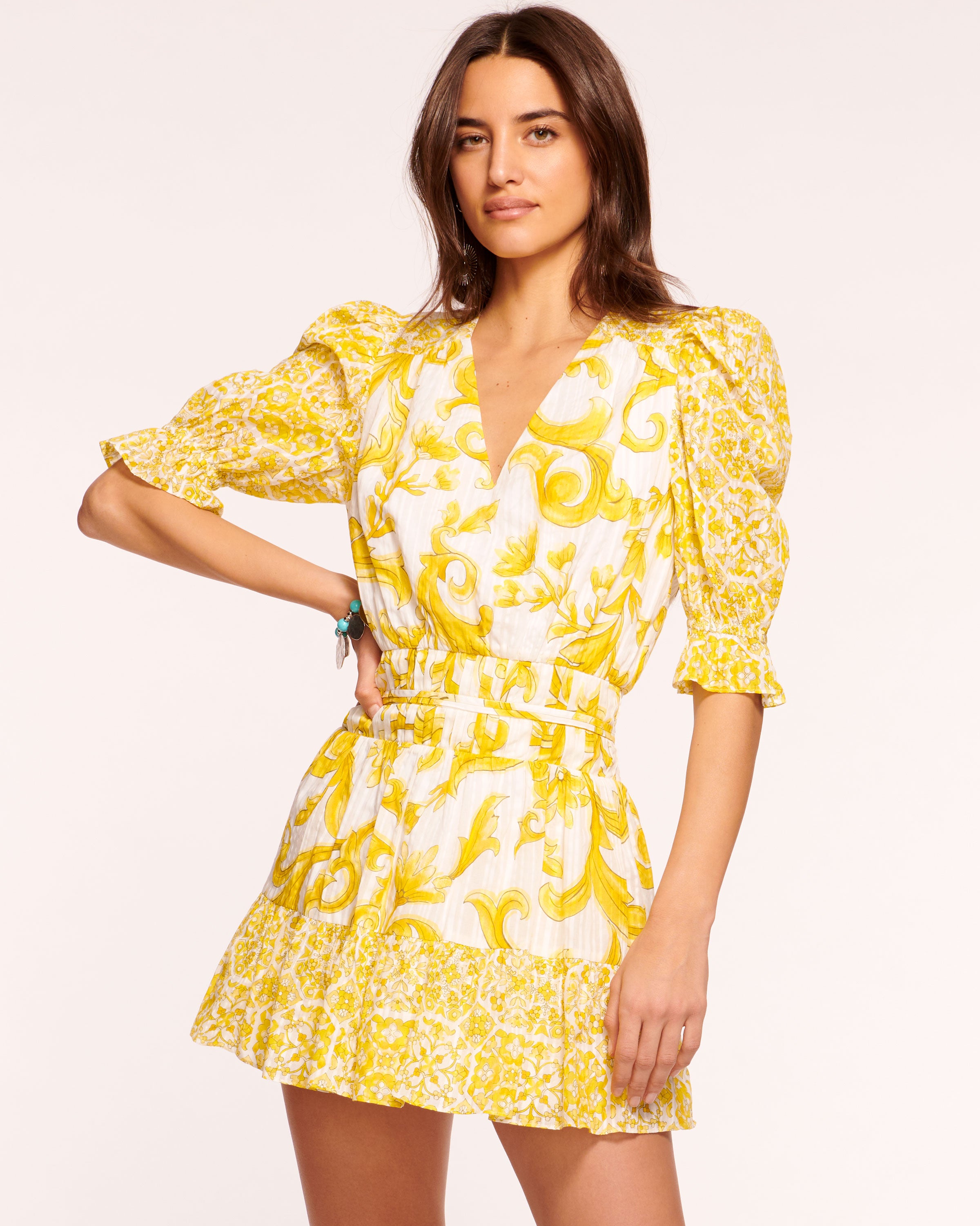 Susan Puff Sleeve Mini Dress in lemon positano | Ramy Brook