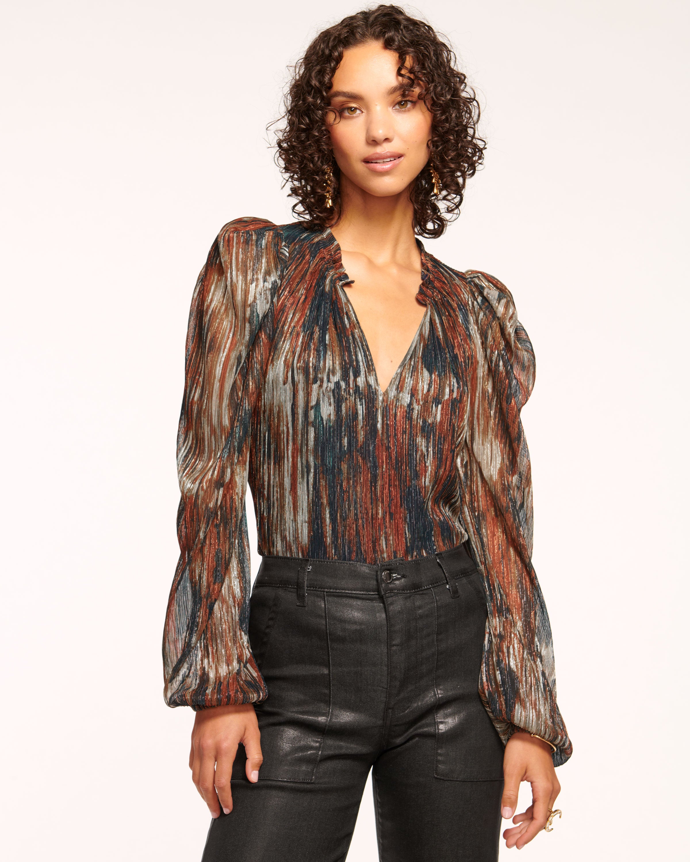 Ramy Brook Aaron V-Neck order Sheer Blouson-Sleeve Top, Navy Sweater, Women’s XXS $345