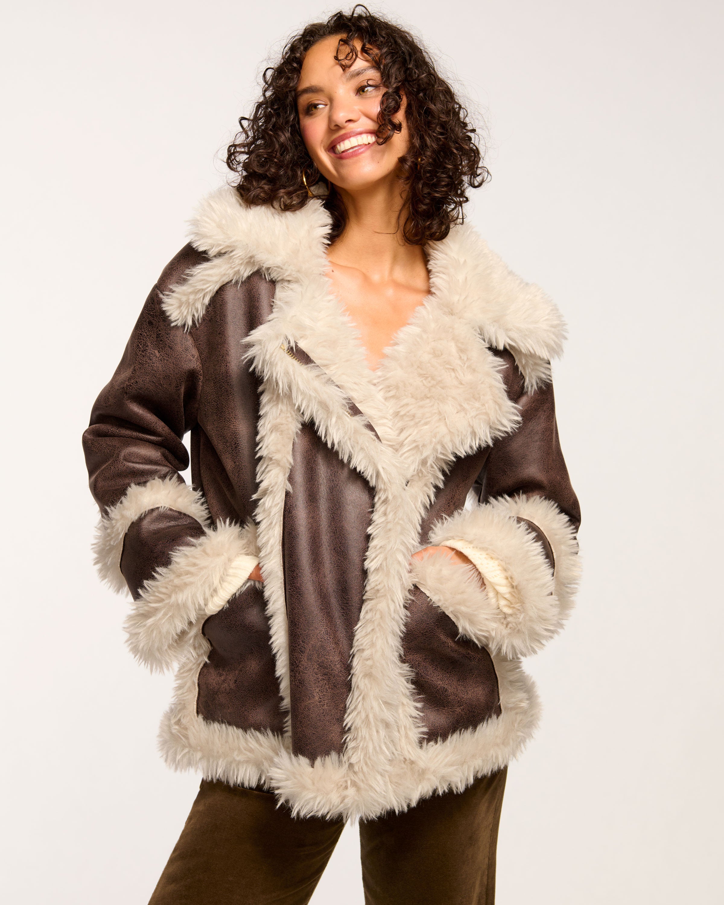 Ramy Brook Hal Faux Shearling Coat in Brown Shearling S