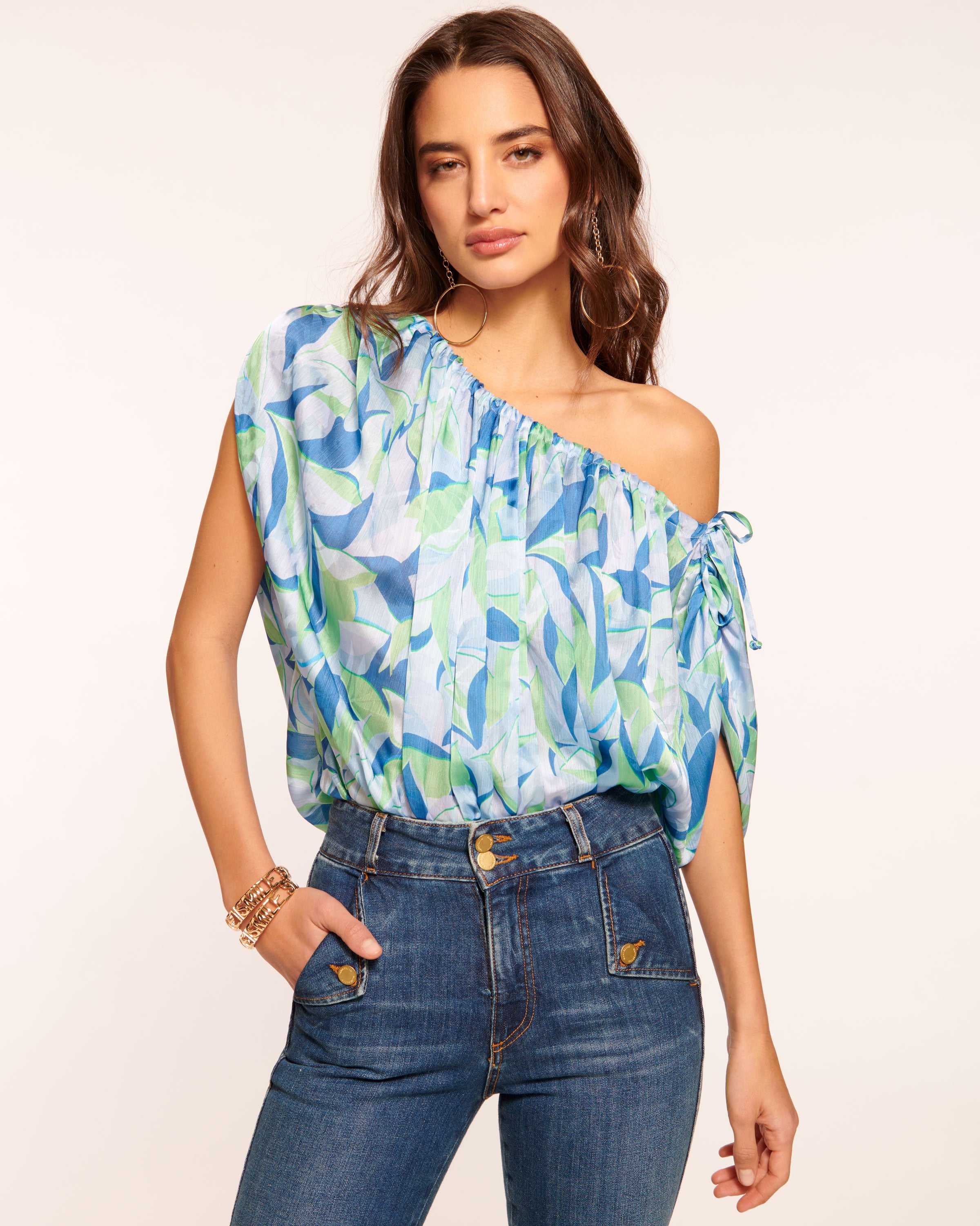 Katie One-Shoulder Blouse in blue leaf | Ramy Brook